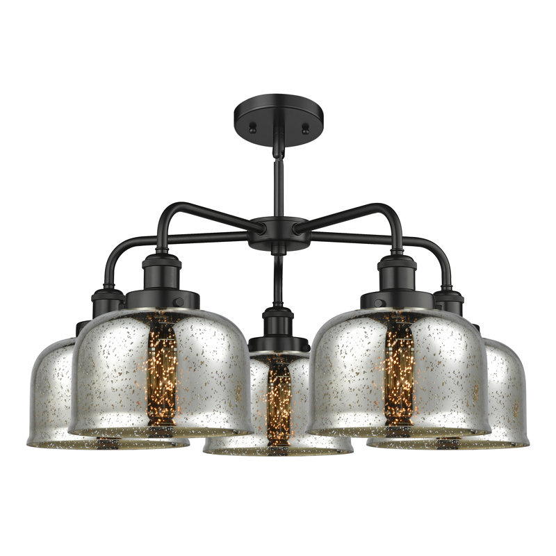 Lustre en verre à 5 lumières Bell, Argent mercuré plaqué, Noir mat