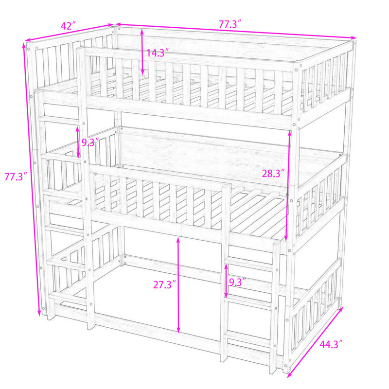 Twin Over Twin Over Twin Triple Wood Bunk Bed With Safety Fatures, Detachable Design, White Oak
