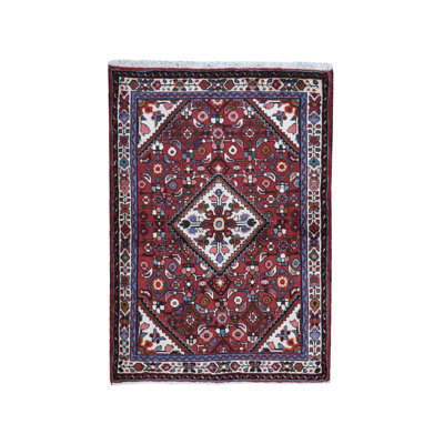 Tapis rouge Hamadan 3 pi 7 po x 5 pi 1 po en laine pure noué à la main à motif géométrique rouge 2435A5D40CFF4477A29DFA3377FA02D3
