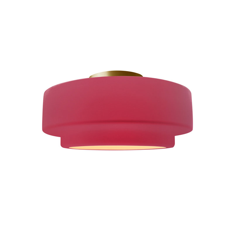 Dottie Ceramic LED Semi Flush Mount, Cerise, Brushed Brass, 7" H x 12" W x 12" D