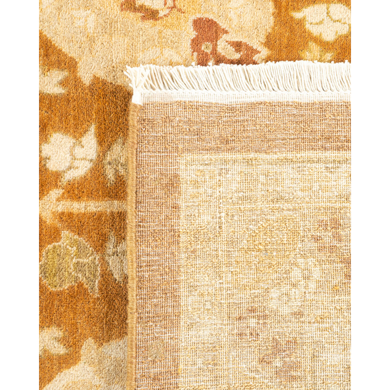 Tapis jaune / beige / brun noué à la main de conception unique 8 pi 3 po x 10 pi 7 po Hayner