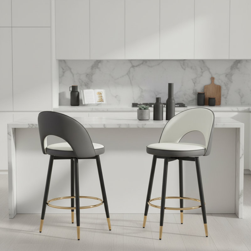 Adjustable Swivel Bar Stools Set of 2, Modern Upholstered Bar Chairs with Metal Legs, Kitchen Island & Home Bar Seating