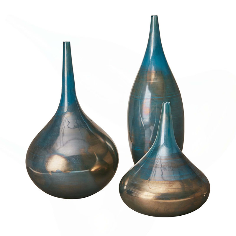 Vases en verre décoratifs bleus et bronze (3 pièces)