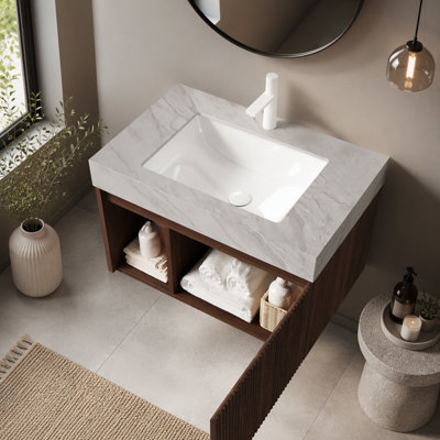 Meuble-lavabo flottant 24 po avec dessus en pierre frittée veiné or crème, lavabo en céramique et un trou de robinet pré-percé