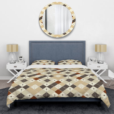 Ensemble de housse de couette moderne à motif argyle brun et blanc