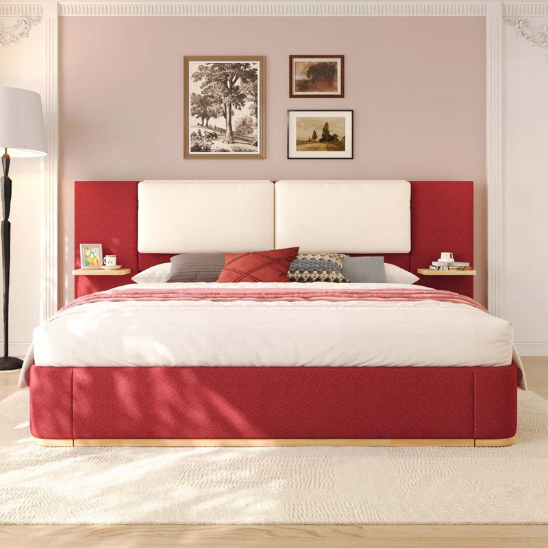Upholstered Platform Bed with Panel, Blue, Queen