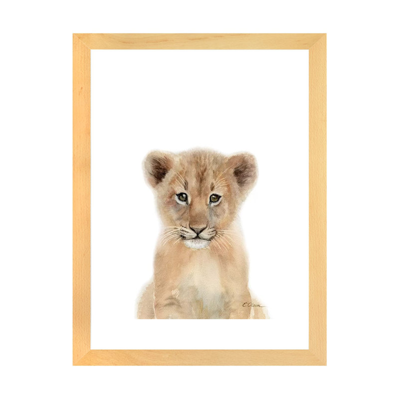Bébé lionceau - reproduction d'art, Papier encadré de bois naturel, Blanc, H 32 po x l 24 po x P 1 po