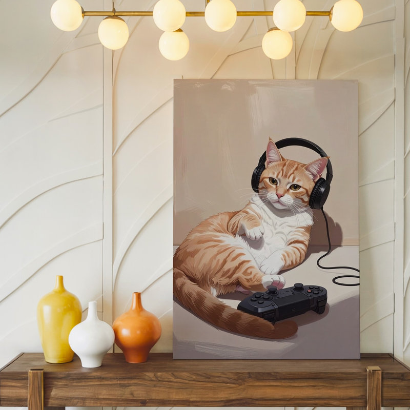 Art mural mural chat douillet tigré avec casque et manette Certains joueurs ronronnent lorsque la toile est prête à être suspendue