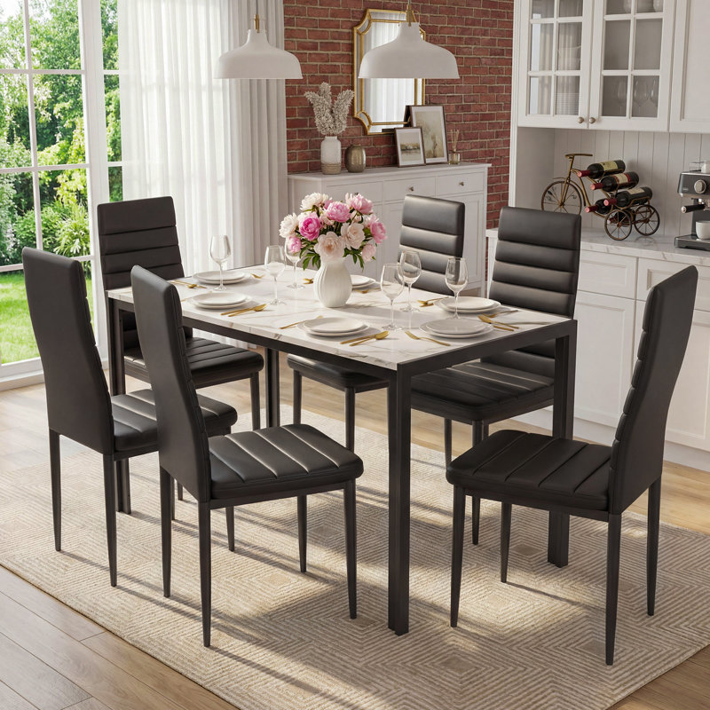 7-Piece Dining Table Set – Modern Kitchen Table with Faux Marble Top & Black PU Leather Chairs, Space-Saving Design for Small Spaces, Easy Assembly