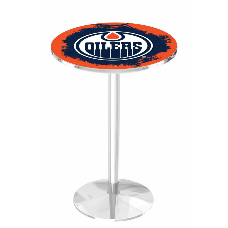 NHL Round Metal Base Dining Table, Chrome, Edmonton Oilers