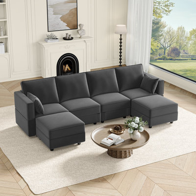 118" Velvet Modular Storage Sofa, 4-seater Convertible Couch With 2 Ottomans