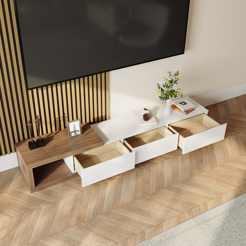 Tenita 70.86'' - 100'' Wood Extendable TV Stand, Wood Media Console, Pre-Assembly, White/Brown