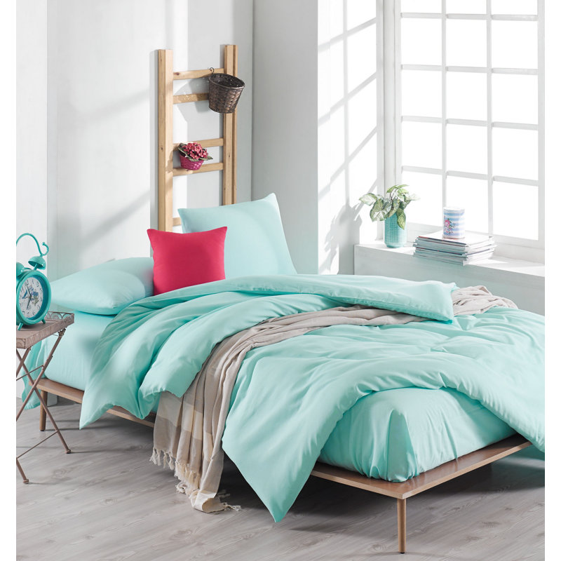 Ensemble de housse de couette 3 pièces en mélange de coton turquoise / blanc / beige Emme-Leigh
