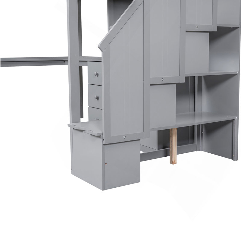 Lit mezzanine simple avec bureau en L et tiroirs, armoire et escalier de rangement, gris