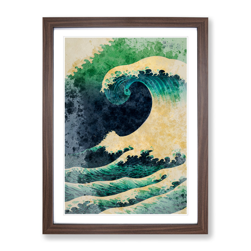 XV1022-5142X Watercolour Japanese Wave No.5 - Print, 36cm H x 27cm W, Walnut Framed, White