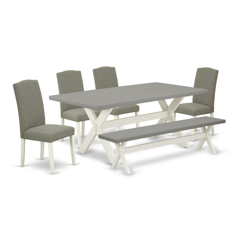 L'ensemble de salle à manger 6 pièces contient une table de salle à manger rectangulaire avec des pieds en X et 4 chaises Parson en tissu de lin Shitake foncé avec un banc, blanc lin