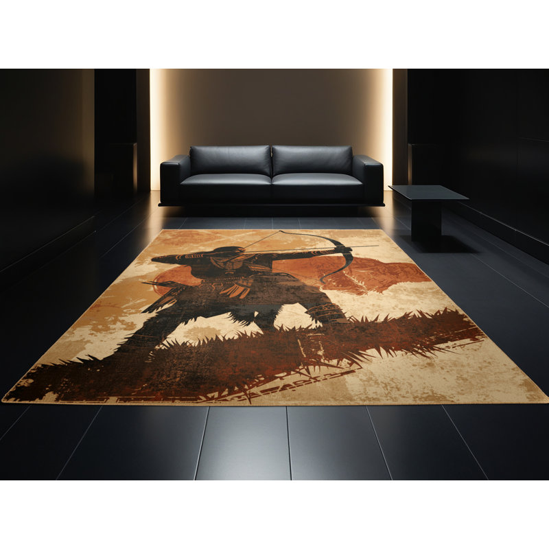 Soft Plush Durgin Buffalo Hunter Warrior Rustic Vintage Look Area Rug in Brown – LightBrown Binding, 8x12