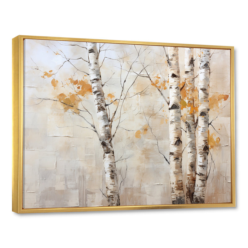 Beauté de bouleau argenté beige sur toile, Cadre flottant doré, H 12 po x l 20 po x P 1 po