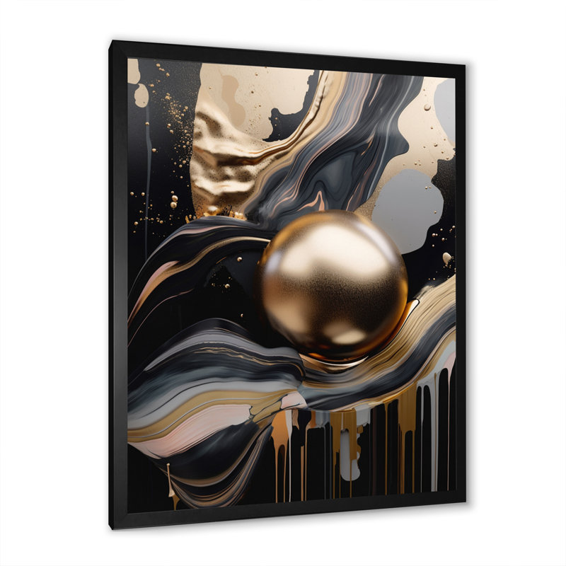 Or et marbré noir Euphoria III - art abstrait sur toile marbrée, Impression noire sur toile encadrée