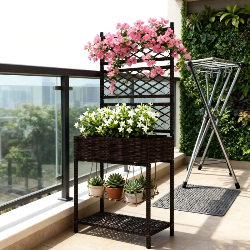 Jardinière en rotin autoportante, jardinière extérieure en osier avec treillis