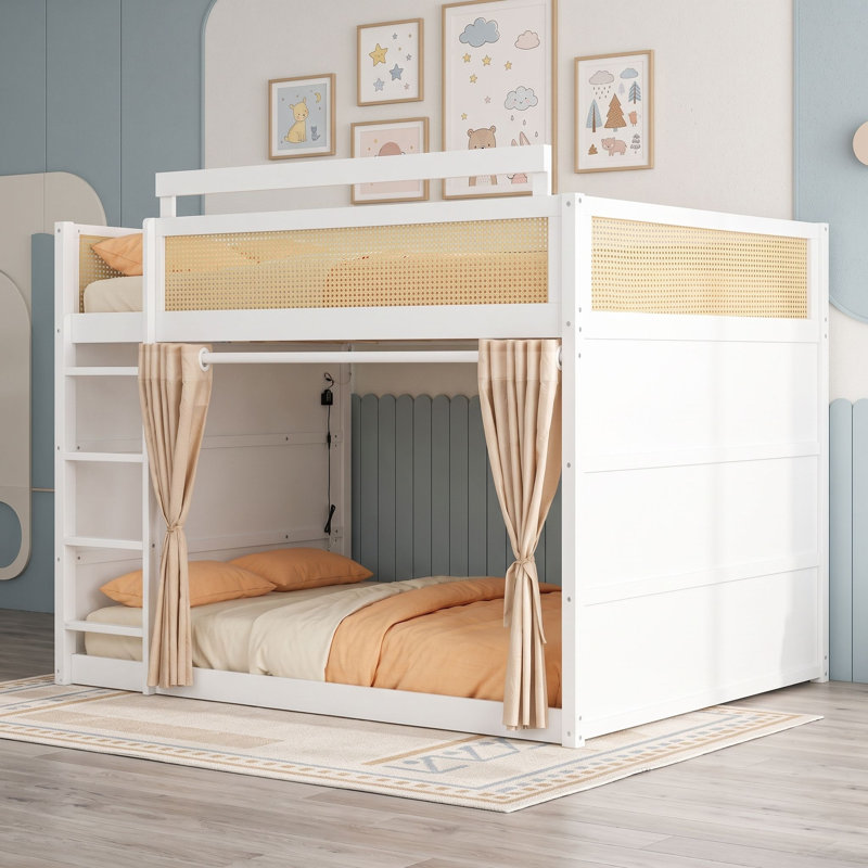Lit superposé en bois avec bande lumineuse, étagères et rideaux, Double sur double, Blanc