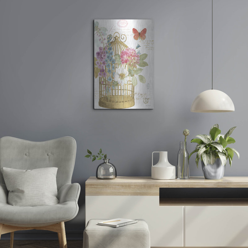 «Rainbow Seeds Romantic Birdcage II» par Lisa Audit, art mural en métal, H 24 po x l 16 po