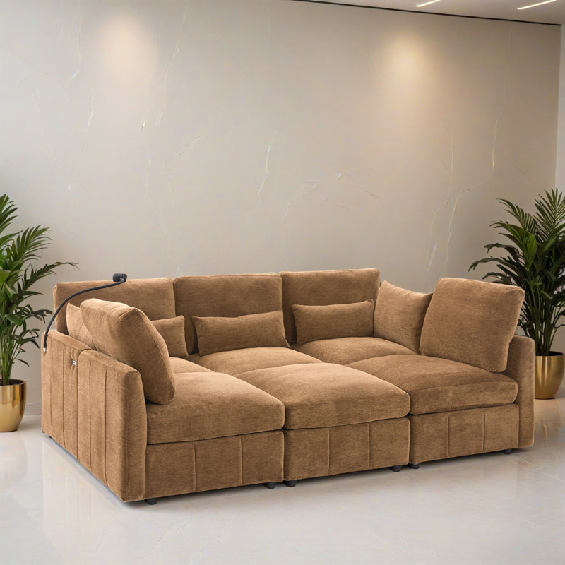 Canapé-lit modulaire 6 pièces pour salon, Chenille brun