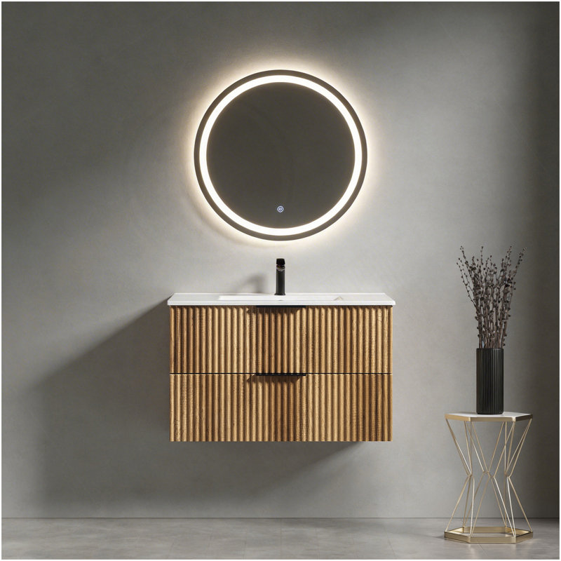 36 Inch Wall-Mounted Bathroom Vanity With 3D Fluted Panel & Ceramic Integrated Sink, 36"
