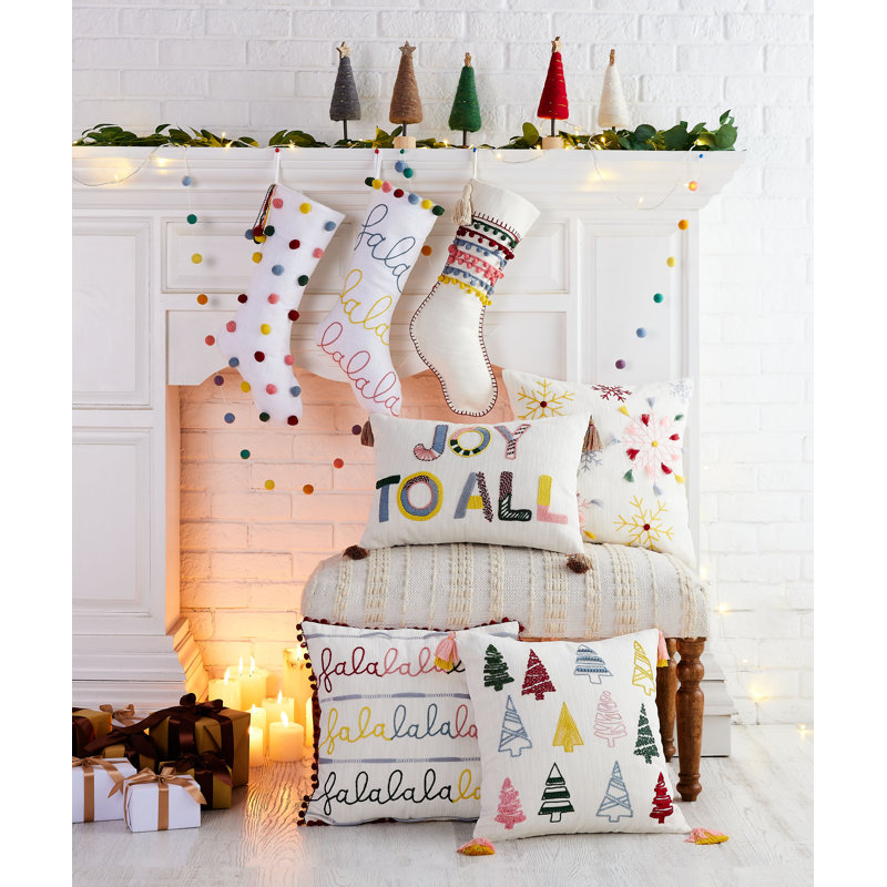 Joy to All Embroidered Cotton Christmas Pillow with Tassels