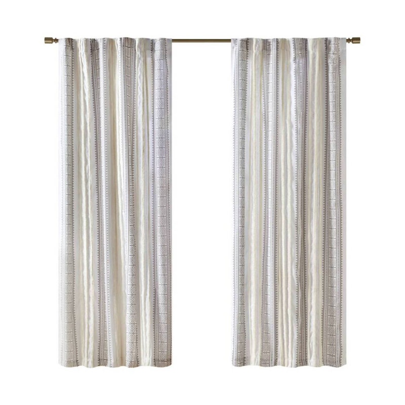 Panneau de rideau imprimé poly avec rayure et doublure touffetées 50 po x 95 po, Beige