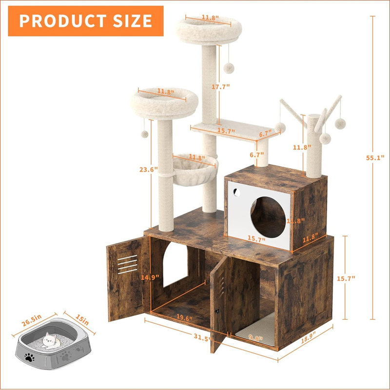 Litter Box Enclosure with Tree Tower and Condo, Wooden Cat Tower with Scratching Posts, Cat Hammock, Hidden Litter Box Furniture, Wooden Cat Furniture with Multiple Platforms