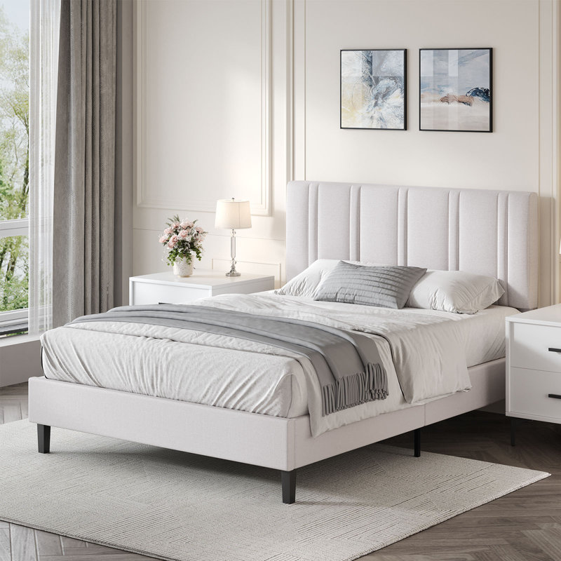 Tufted Headboard, Upholstered Platform Beds with Wooden Slats Support, Fabric Bed Frame, Cream, Queen