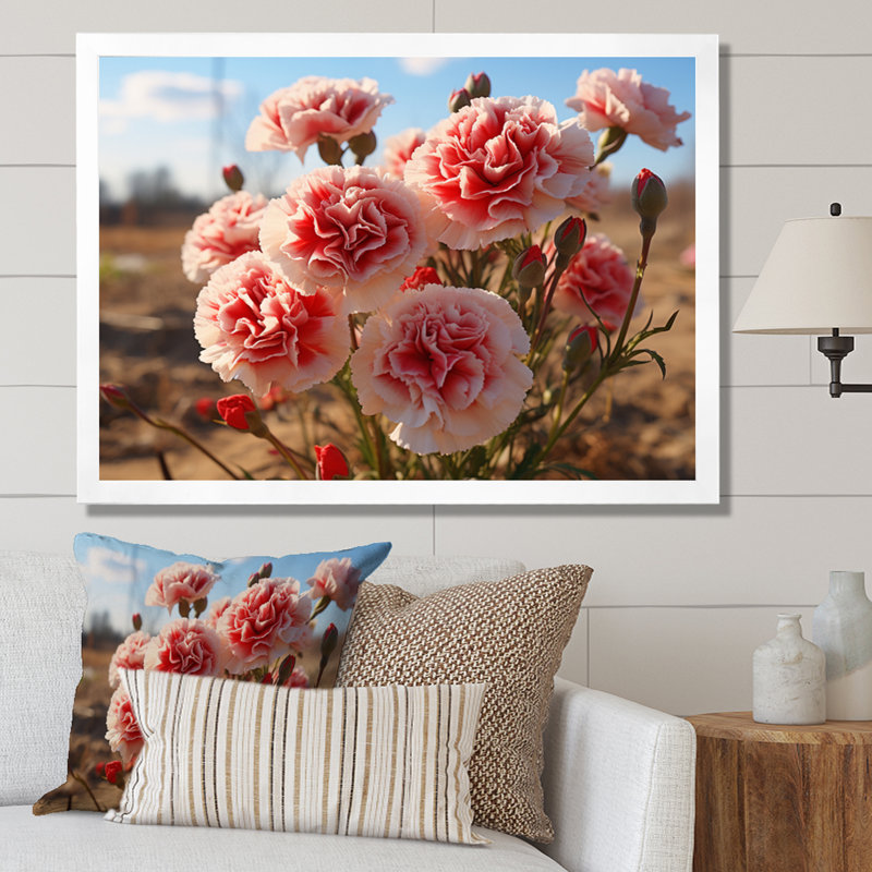 " Carnations Field Vibrant I ", White Floater Framed, 16" H x 32" W x 1" D