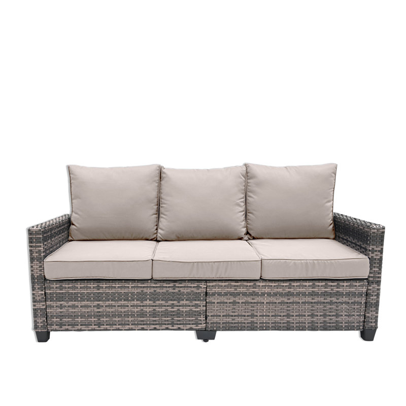  Decksplore 72" Wicker Patio Sofa with Cushions, All-Weather Outdoor Couch with High Back and Steel Frame, Beige