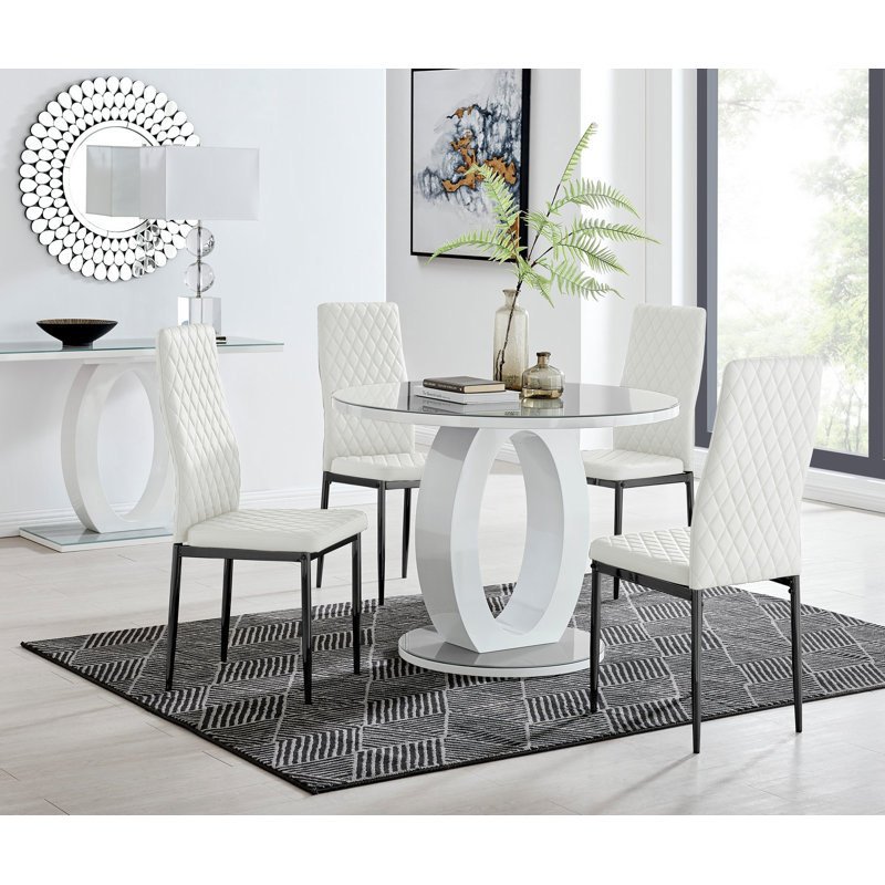 Scottsmoor 4 Seater High Gloss Round Dining Table Set with 4 Luxury Faux Leather Dining Chairs, White, Black/White