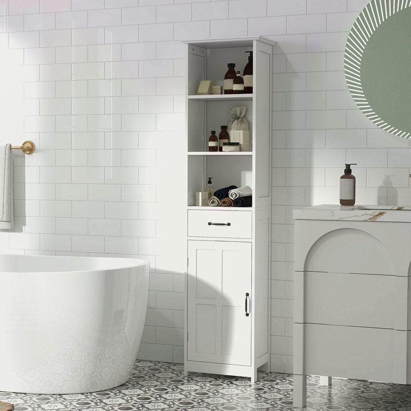 Armoire de rangement mince, armoire de salle de bain haute, tour à linge avec 3 tablettes ouvertes, tiroir, porte encastrée et tablette réglable