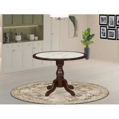 Table de salle à manger ronde A avec plateau en marbre strié et finition acajou