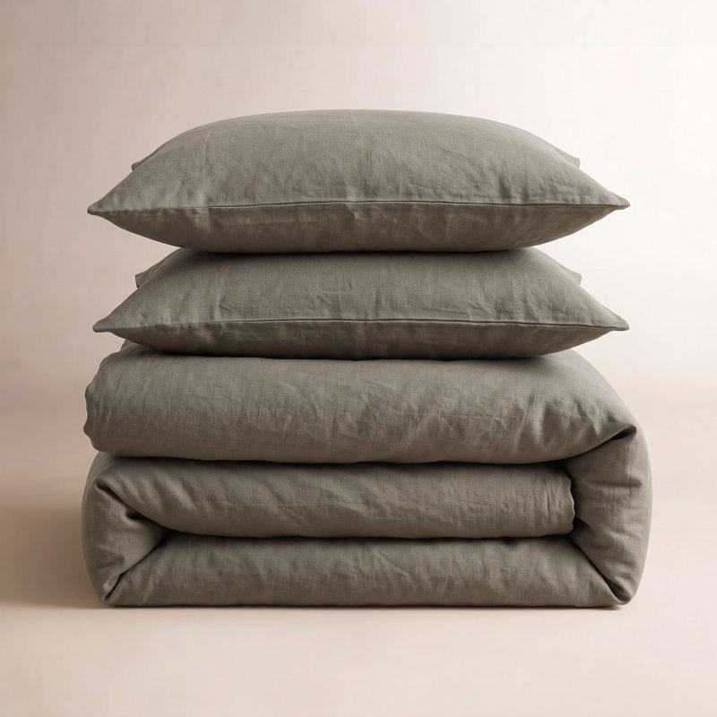 French Linen And Cotton Duvet Cover & Sham Set, Queen Duvet Cover + 2 Standard Pillow Shams, Moss