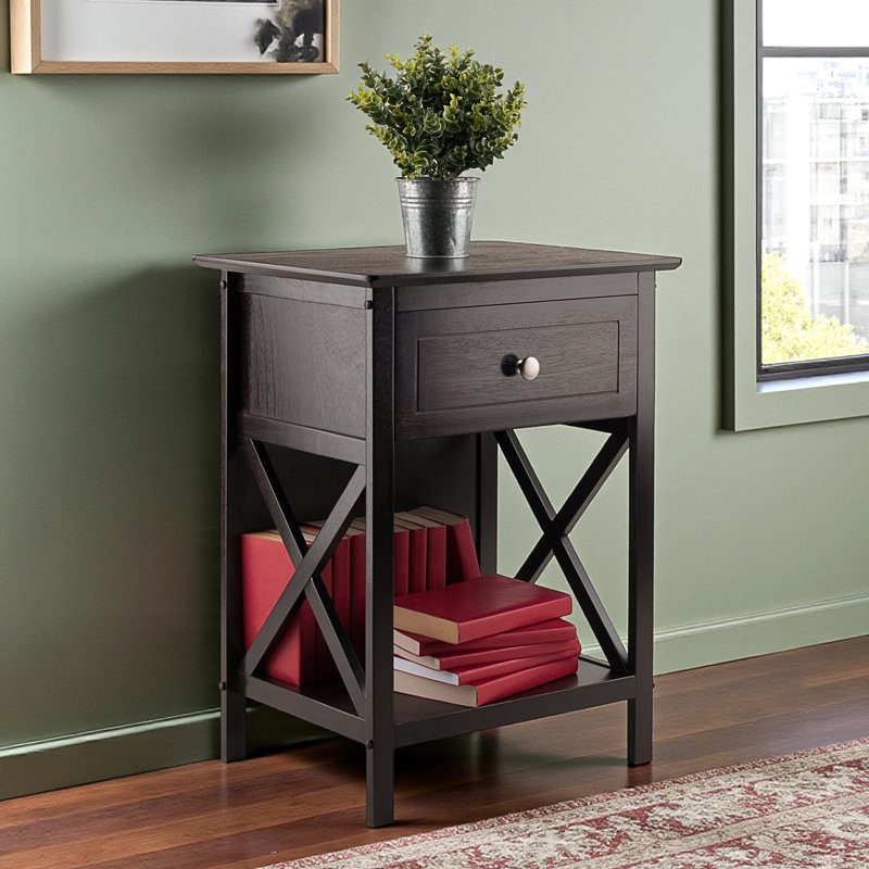 Alayzia 1-Drawer Brown Finish X-Side Panel Accent Nightstand, Coffee, 24.83" H X 18.73" W X 14.72" D