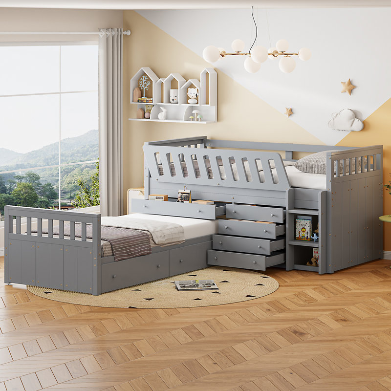 Lit plateforme simple avec 7 tiroirs et garde-corps complets - Lit de rangement gris pour les petites pièces, Gris
