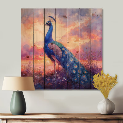 Paon à l'aube mauve II - Décoration murale en bois d'oiseau - sur bois de pin naturel