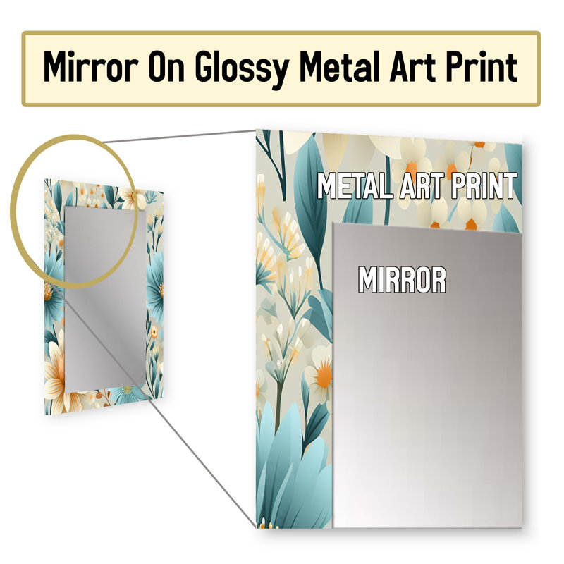 Zoran Blue Timeless Garden Flourish - botanical  Wall Mirror, Botanical Decorative Mirror, Printed Metal Art, 32" x 24"