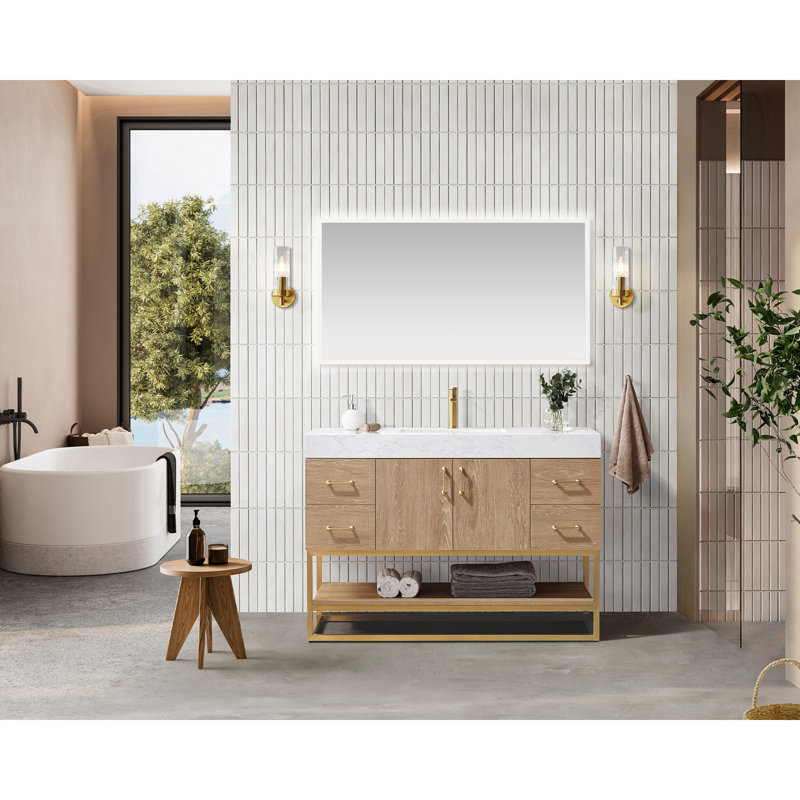 Alistair 48'' Single Bathroom Vanity with Engineered Stone Top, Gold, Natural Oak, White