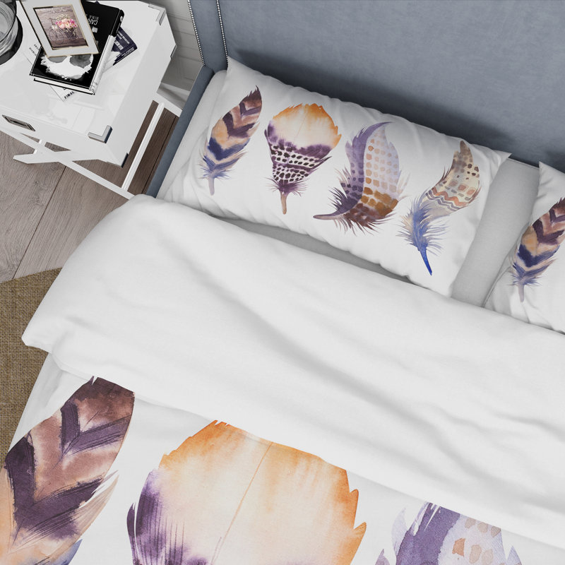 Purple Boho Feathers - Bohemian & Eclectic Duvet Cover Set - Microfiber Polyester, Twin Duvet Cover + 1 Standard Sham