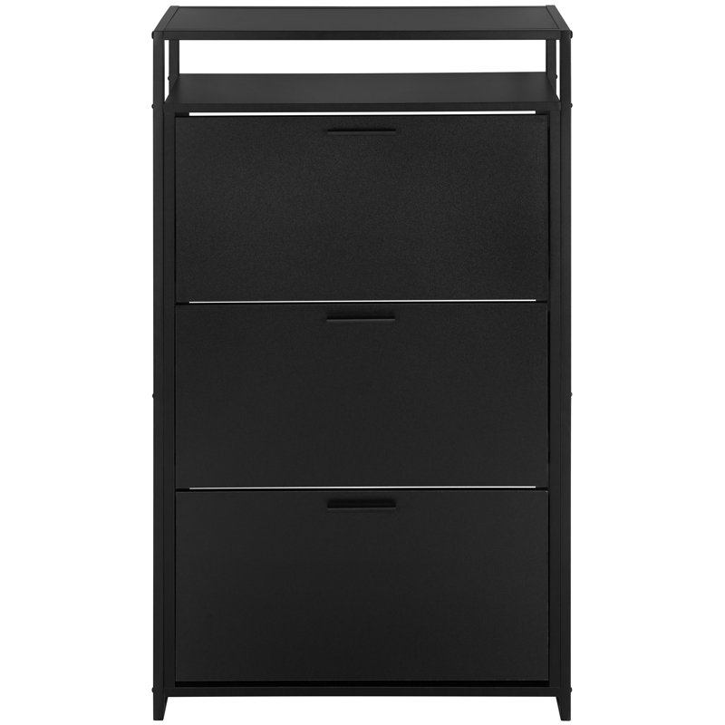 Armoire à chaussures étroite à 3 portes avec tablette ouverte et 3 tiroirs rabattables, organisateur de rangement, structure en métal noir l 25 po x H 46,5 po