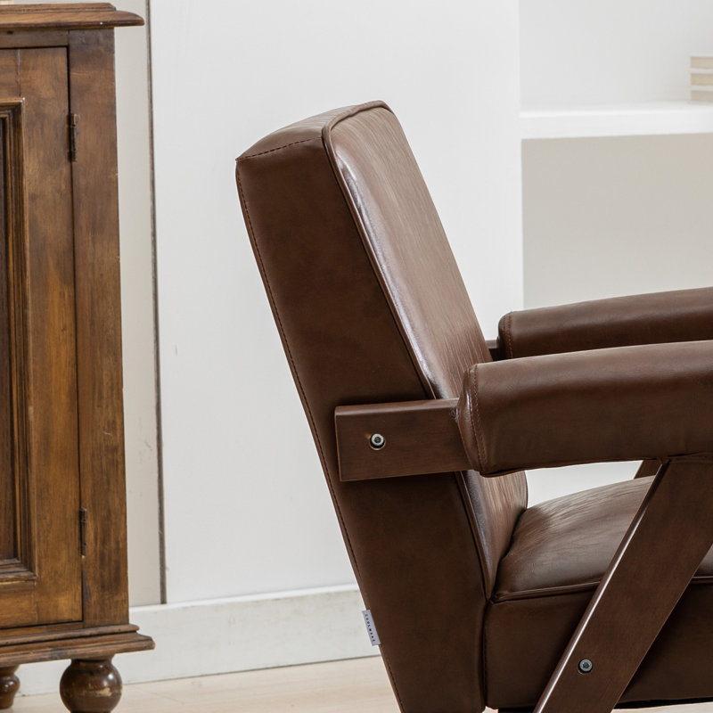 Fauteuil d'appoint Mid-Century moderne en similicuir l 26,38 po, fauteuil en similicuir rétro avec structure en bois massif et accoudoirs rembourrés pour le salon, la chambre à coucher et le bureau