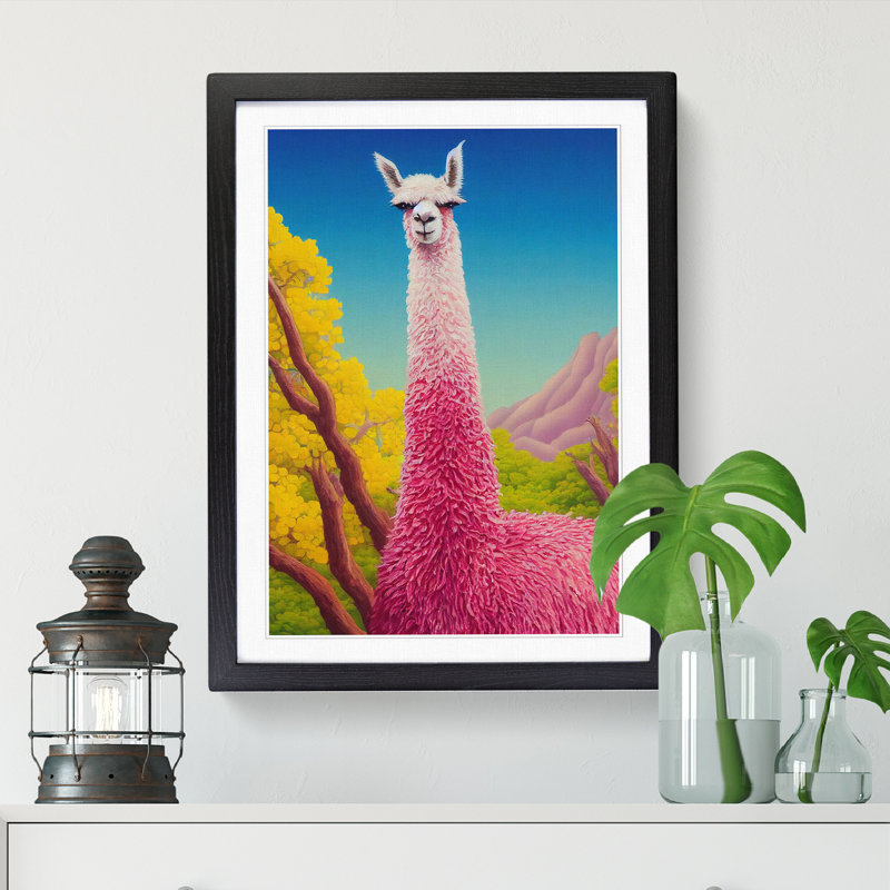 Llama Painting Kitsch - Single Picture Frame Print, Black, 46cm H x 34cm W x 2cm D