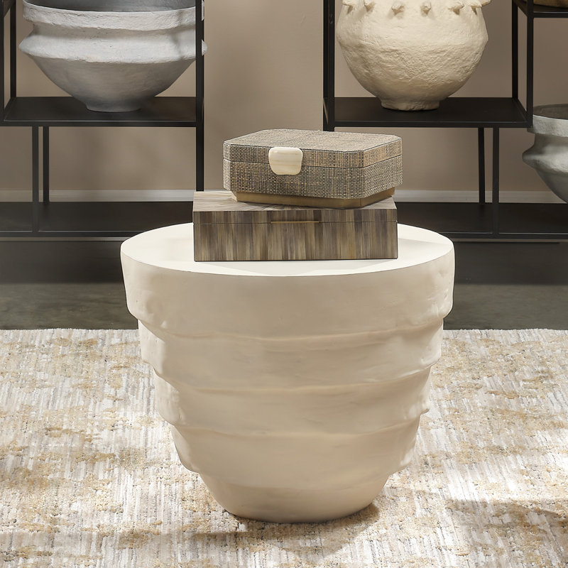 Cream White Round Metal and Glass Outdoor Side Table