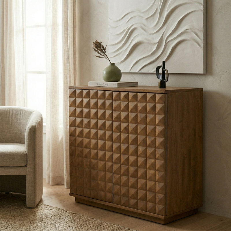 NTC Sapa 2 Door Storage Cabinet, Solid Wood Accent Cabinet with Hand-Carved 3D Doors, Modular Storage System, Expandable Cabinet for Living Room & TV Stand, Easy Assembly, Teak Look
