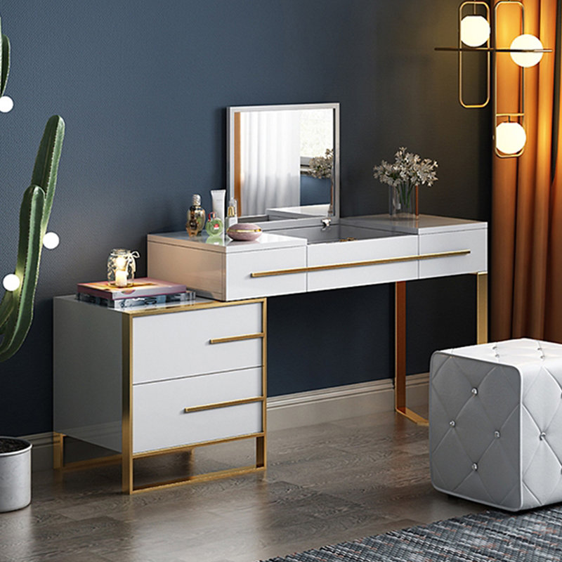 47'' Extendable Makeup Vanity Desk, Modern Vanity Table Wtih Flip-top Mirror And Four Drawers, Dressing Table With Nightstand For Bedroom